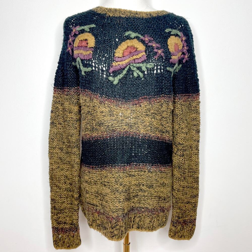 Vintage 80s 90s Handknit Sweater Medium Embroidered Cottage Boho Fairy Goblin